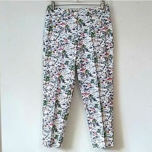 Talbots petite seaside village print on white tapered leg cropped pants 2P